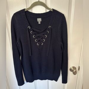Womens Navy Lace-Up Sweater Medium Retro Grunge Whimsigoth Boho Cozy Winter Fall